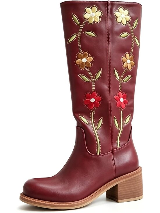 Shoes - Women's Burgundy Floral Embroidered Western Mid Calf Square Heel Cowgirl Boots